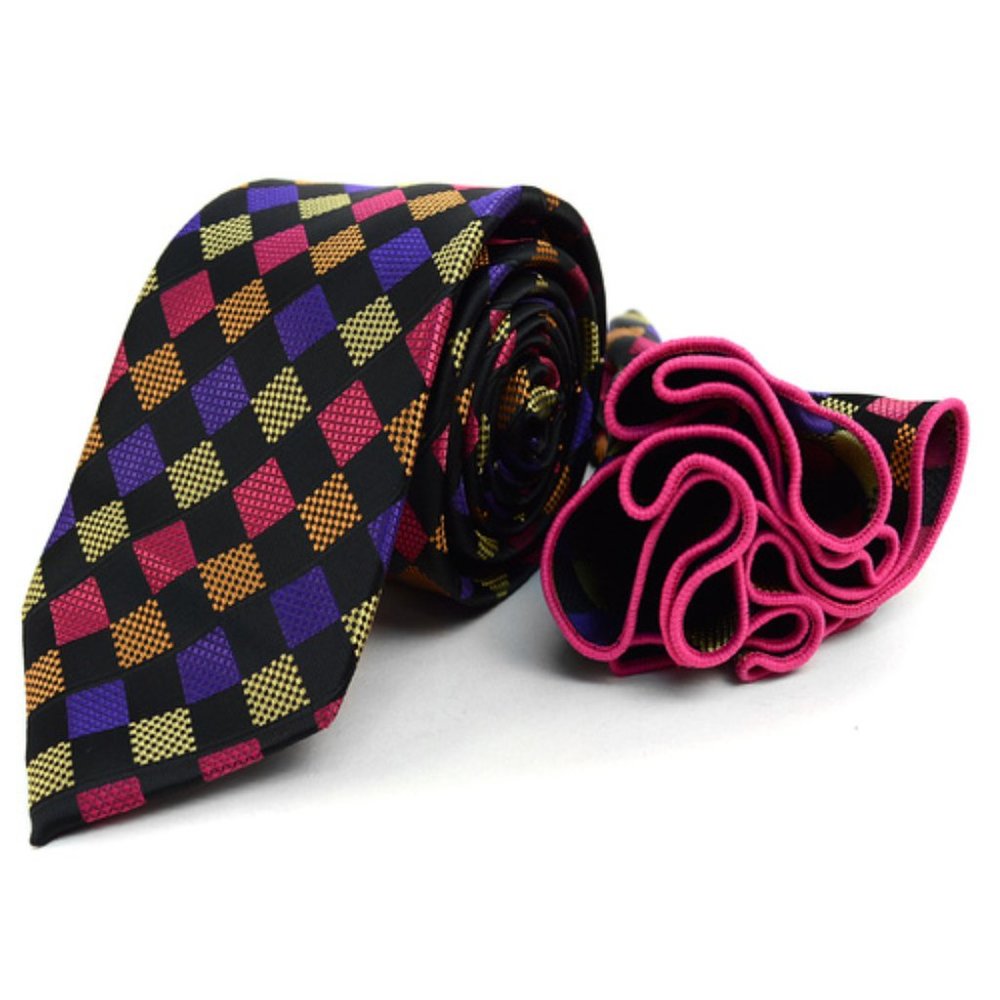 2 PC LAURANT BENNET Multi-Purple Checks Necktie & Matching Hanky Set